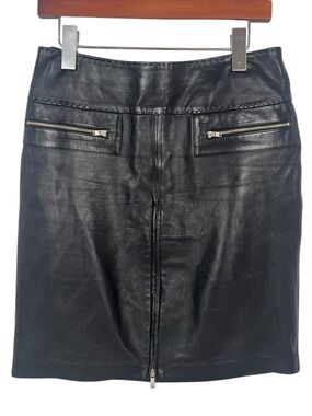 Cache 100% Leather Pencil Skirt Womens 4 Black Zip Accent Office Siren Baddie